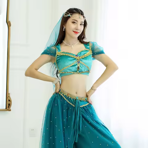 Bollywood Belly Dance Jasmine Costume Aladdin Halloween Outfit Jasmine Princess Costumes Teal For Wo