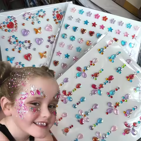 1pcs 5D Colorful Kids Face Diamond Gems Sticker 10*9cm Cute Heart Star Flower Mix Crystal Face Rhine