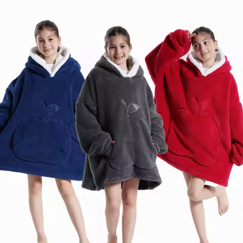 Flannel Hooded Sweatshirts Boys Girls Oversized Wearbale Blanket Winter Thicken Big Pocket Pullover 