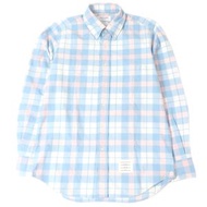 THOM BROWNE ブラウン純棉三色格紋直筒長袖襯衫，尺寸2，藍粉相間，成色極佳。正品，義大利製。男款。