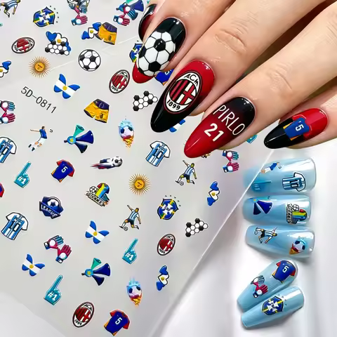 1 Sheet 5D Soccer Nail Art Stickers - Self-Adhesive Football Jersey & Player Decals DIY Sports Theme