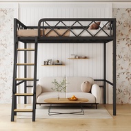 Nordic Ironwork Elevated Bed Pavilion Bed Small Apartment Duplex Second Floor Bed Loft Upper Floor Space-Saving Armrest Bed