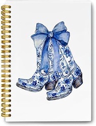 LiTiu Coquette Preppy Campus Notebook, Blue Bow Western CowGirl Boots Aesthetic Spiral Journaling No