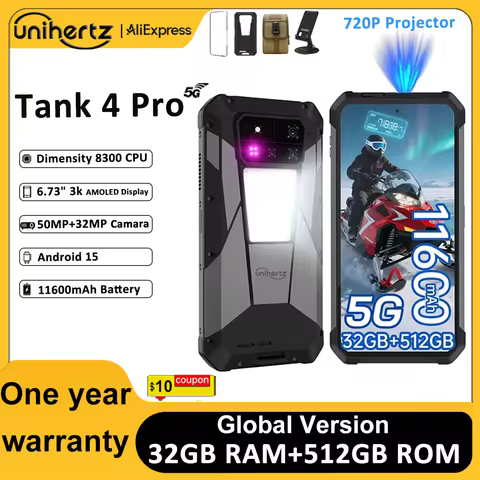 Unihertz by 8849 Tank 4 pro 5G AI Rugged Phone Built-in 720P Projector Dimensity 8300 512GB/1TB ROM