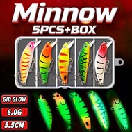 Glow 5pcs Minnow Sinking Fishing Bait Set 6g/5.5cm 5 colors Fishing Bait Set 2 Pieces Sharp Hooks Fo