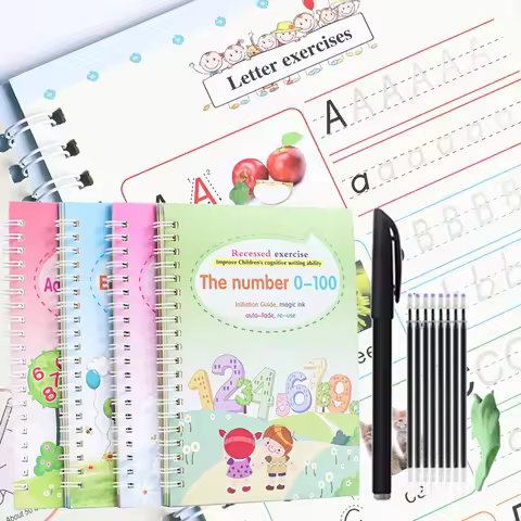 4 Books English Copybook Pen Magic Copy Book Auto Disappear Ink Children Writing Sticker Practice fo