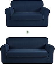 CHUN YI 2 Piece Stretch Sofa Slipcover Set for Couch and Loveseat, Sofa Cover Set for 2 3 Seater Settee, Small Checks Jacquard Fabric (Dark Blue, Covers for Sofa&amp; Loveseat)