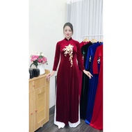Traditional ao dai, embroidered velvet ao dai for mothers, turtleneck ao dai, soft velvet ao dai, Th