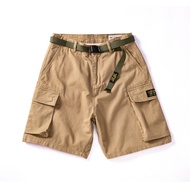 Ami Khaki Cargo Shorts for Men Summer American Retro Belt Multi-Pocket Loose Casual Five-Point Short