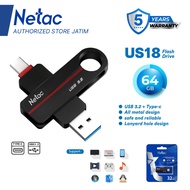 [Authorized Store] Netac OTG Flashdisk US18 USB 3.2 + Type-C Dual Flash Drive 64GB Flash Disk up to 
