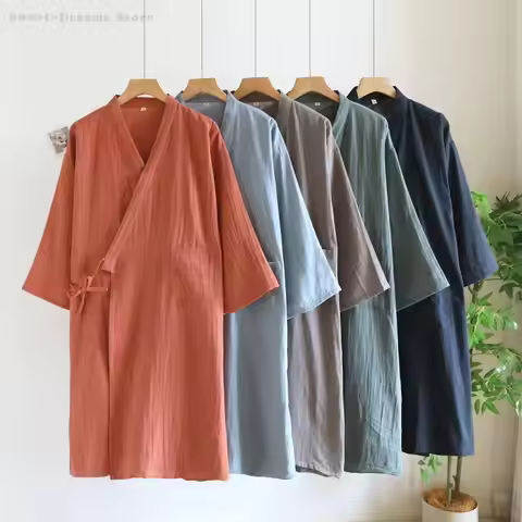 Men's Japanese Sleepwear Kimono Spring Autumn Bathrobe Loose Lingerie Cotton Nightgown Loose Casual 