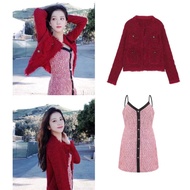 Jisoo blackpink set korean style women retro red Woolen Short Jacket Coat Blazer + vintage Sexy Cami Slip Dress