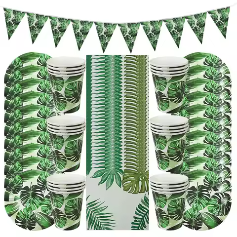 1 Set Summer Party Turtle Leaf Disposable Tableware Hawaiian Tropic Green Banner Paper Plates Cups P