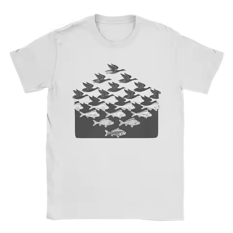MC Escher Fish House Fishermen Men T Shirts Classic Art Crazy Tee Shirt Short Sleeve Crew Neck T-Shi
