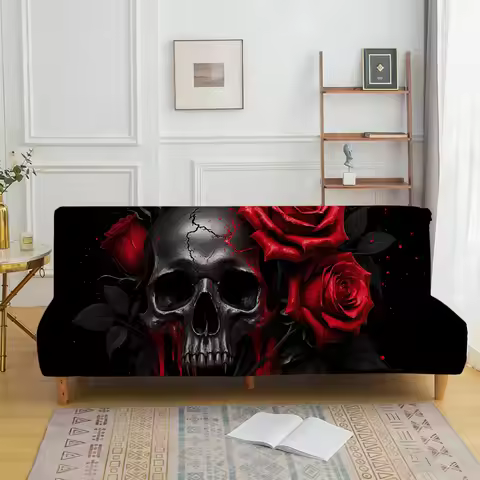 Skull Red Rose Elastic Sofa Bed Cover, Living Room Sofa Bed Cover, Dustproof Machine Washable Sofa B