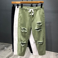 【CW】Japanese Trend New Men's Ripped Hole Jeans White Green Black Ankle Length Youth Fashion Loose Denim Harem Cargo Pants