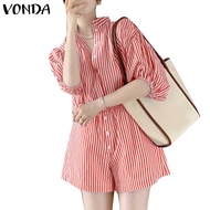 VONDA Women Korean Casual Shirt Collar Puff Sleeve Striped Jumpsuit