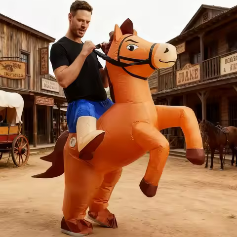 Riding Horse Inflatable Costume Adult Carry Me Blow Up Suit Funny Cowboy Cosplay Halloween Party Inf