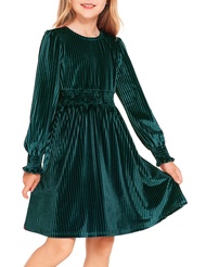 Girls Long Sleeve Dress Velvet Crew Neck Midi Fall Vintage Plain Dress for Kids 4-13Y