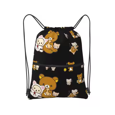 Rilakkuma Sakura Backpacks Casual Portable Drawstring Bundle Pocket Sports Bag Book Bags For Man Wom