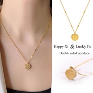 Lucky 'Fu' Necklace Happy "Xi” Necklace Stainless Steel Gold Necklace Blessing Necklace Non Tarnish Gold Necklace for Women Shining Rhinestone Double-sided Wearable Elegant Fashion Necklace