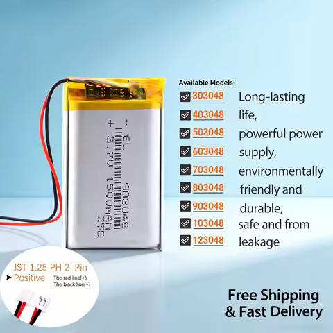 1500mAh 3.7V 103048 Lipo Battery with JST 1.25mm 2Pin Connector Rechargeable Lithium Polymer for GPS