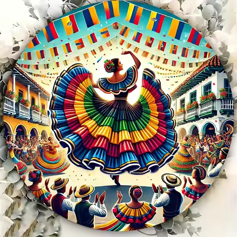 GOTD Colombia Folk Dance Metal Wall Art, 7.87x7.87 Inch Round Sign Durable Iron Decor with Pre-Drill