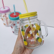 ☇┇Mason Glass Cups with Cover and Straw Mason Jar Reusable Drinking Mug Glass 420ML