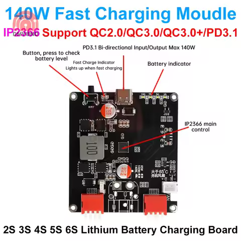 IP2366 PD3.1 140W Bidirectional Fast Charging Board, 2S-6S Li-ion/Lifepo4 BMS, QC3.0+/FCP/AFC/SCP, T