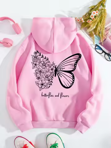 Plus Size INAWLY Butterfly Slogan Graphic Pocket Drawstring Thermal Hoodie Butterflies Flowers Casua