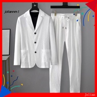 [JM] 1 Set Autumn Men Blazer Pants Stripe Pleats Jacket Drawstring Pants Casual Suit for Wedding