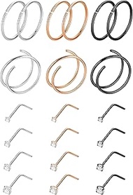 Vegolita 21PCS 18G 20G 22G 316L Stainless Steel Nose Rings Hoop for Women Men Double Nose Ring CZ No