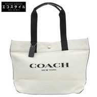 Coach 女士帆布 x 皮革手提包，白色 x 黑色，F72847 [二手]
