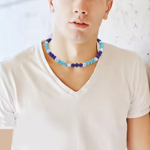 Baseball Necklace Beaded Rhinestone Pendant Hip Hop Drip Jewelry for Men Women Athletes Blue Ball Ch