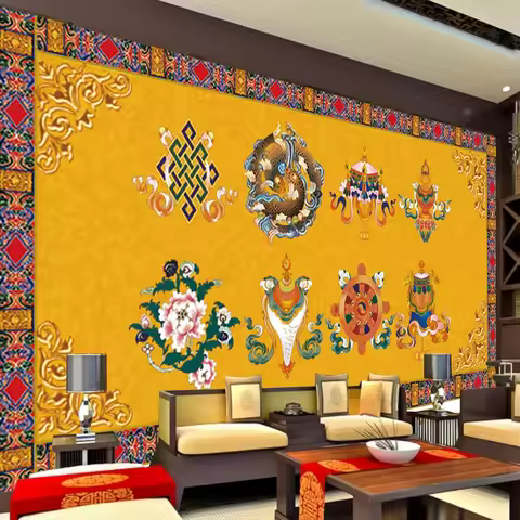 Customized products 3D Golden auspicious eight treasures wallpaper Buddha Hall Buddha statue Tangka 