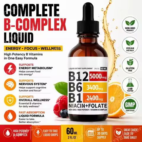 Vitamin B12 Liquid Drops 60ml Raspberry Flavor with Vitamin B6+B1 Etc Multivitamin Support Energy Re