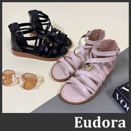 [Eudora] Strap Sandals Roman Cross Flat Zipper Low Heel Leather Braided Soft Sole Shoes