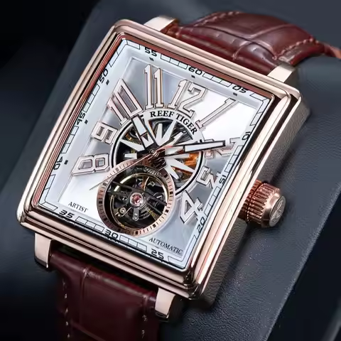 Reef Tiger Men Automatic Watch 39mm Square Mechanical Wristwatch Sapphire Mirror Luminous Skeleton D