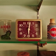 全新 RHYTHM日本麗聲 紅色 格紋 酒紅 早期 復古 vintage 座鐘 造型鬧鐘 時鐘 造型背景 造型擺飾 拍戲道具