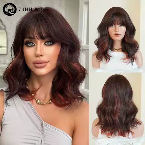 7JHH WIGS Shoulder Length Water Wave Black Ombre Orange Wig for Women High Density Synthetic Modest 