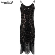 Sexy Black Sequin Fringe Cami Dress Vintage Paisley Beaded Sleeveless Great Gatsby Flapper Dress Wom