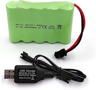 Gecoty® 6 V NiMH Battery, 2400 mAh Rechargeable AA RC Battery with SM 2P Plug and Charging Cable for