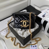 C Home Chanel 23p Black Gold Big logo Retro Oil Wax Leather Small Size mini Square Fat Shoulder Mess