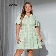 Lovito Plus Size Curve Casual Plaid Button Front Double Layer Ruffle Women Dress LPS05024 (Light Gre