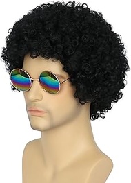 Yan Dream Mens Wigs Short Black Curly Afro Wig Disco Outfit 70s Retro Wig with Glasses Funny Costume Halloween Wig