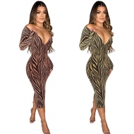 Cutubly Party Sexy Bodycon Dress Pink Yellow Striped Elegant Dresses For Women Long Sleeve Deep V Low Cut Autumn Vestidos