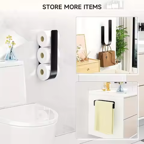 3-in-1 Wall-Mounted Toilet Paper Holder with Towel Rack & Hooks-Black Metal,Space-Saving Design for 