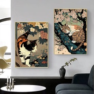 Japanese-style Tabby Cat Poster Aesthetic Cherry Blossom Tree Dozing Canvas Painting Wall Art Decora