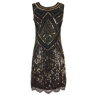 Women 1920s Great Gatsby Flapper Dress Vintage O-Neck Sleeveless Scalloped Hem Party Dress Embellish