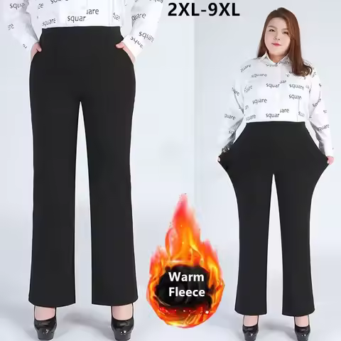 Winter Formal Pants Elegant Women Warm Fleece Plus Size 9XL 6XL 5XL Girls High Waisted Straight Trou